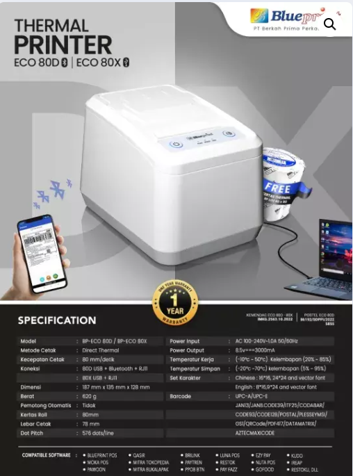 Blueprint Printer Kasir Thermal Lite80D (USB + Bluetooth + RJ11)